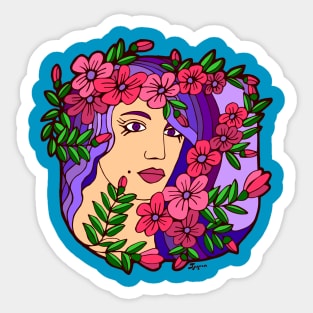 Woman with Purple Hair and a Garland of Pink Flowers Sticker